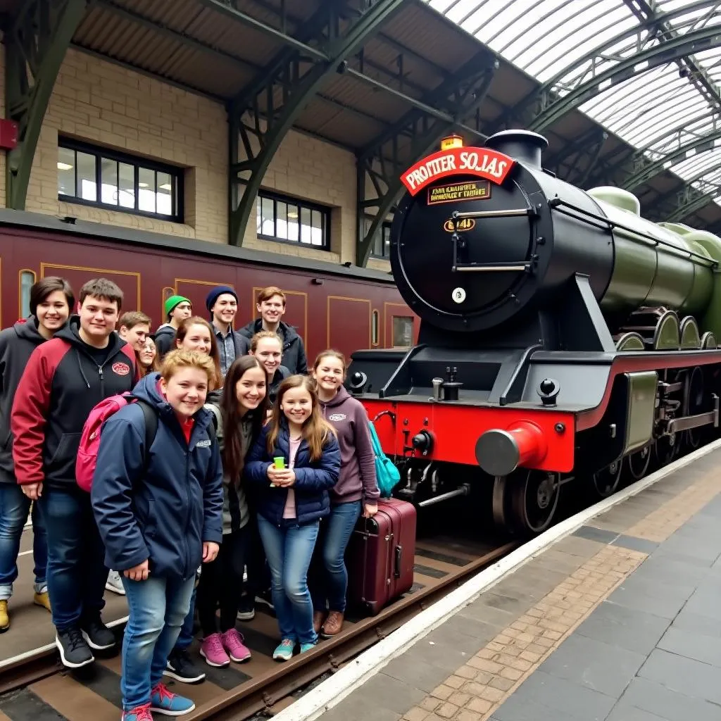 Visitors posing with the Hogwarts Express at Platform 9 3/4