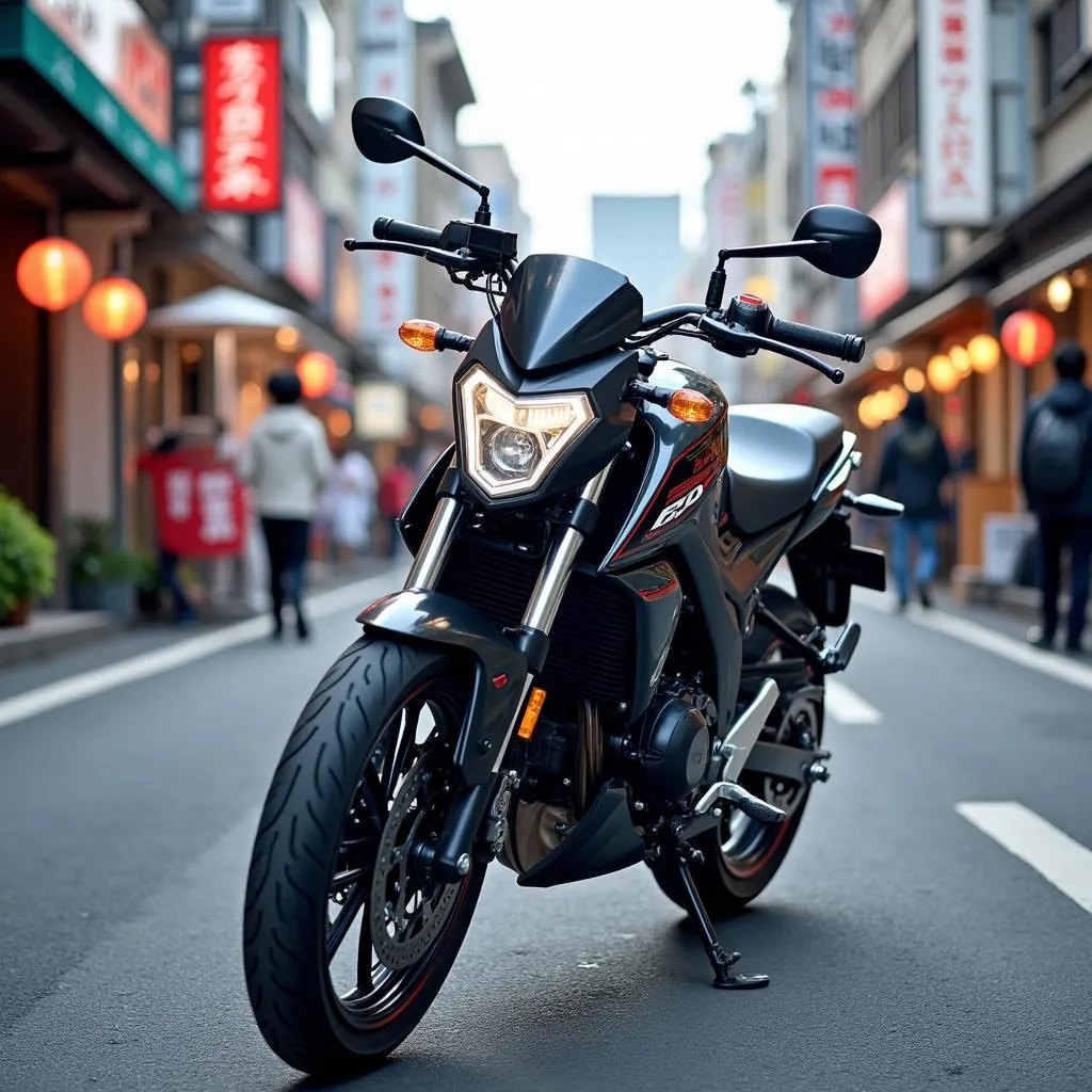 Honda CB150R ExMotion parked on a bustling city street