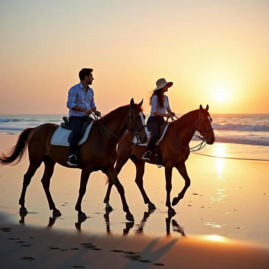 Tourists riding horses on a Japanese beach