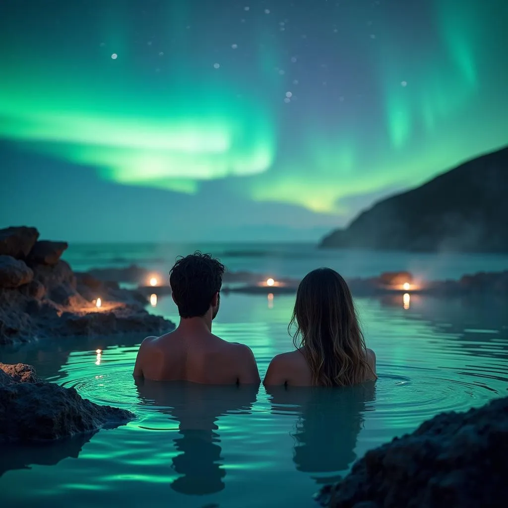 Couples relaxing in a geothermal lagoon with the Northern Lights in the background