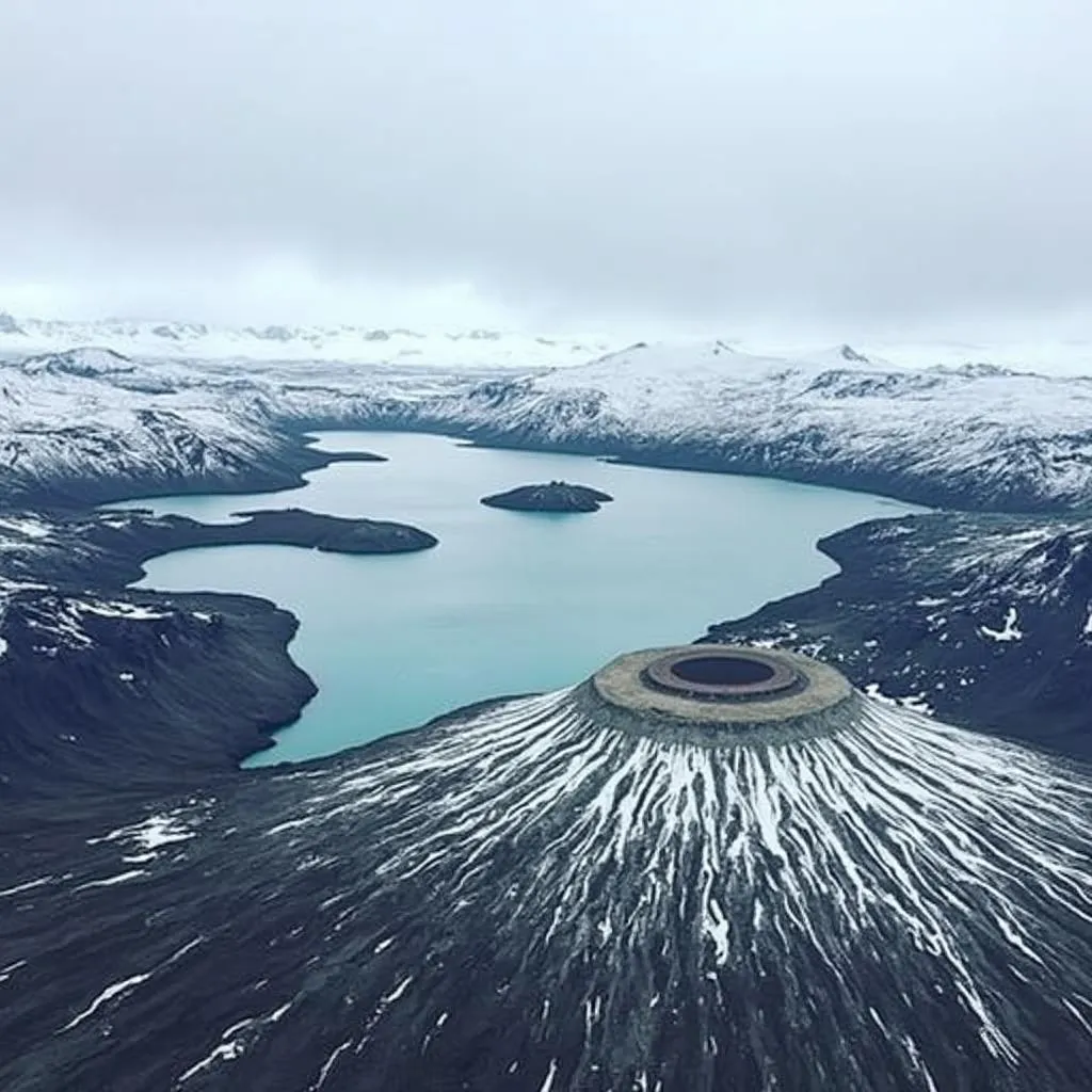 Aerial view of a glacier from a helicopter with a group of people on a tour