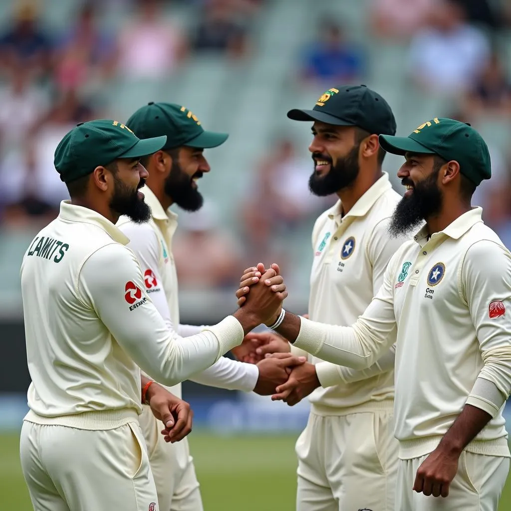 India and South Africa players shaking hands during a test match