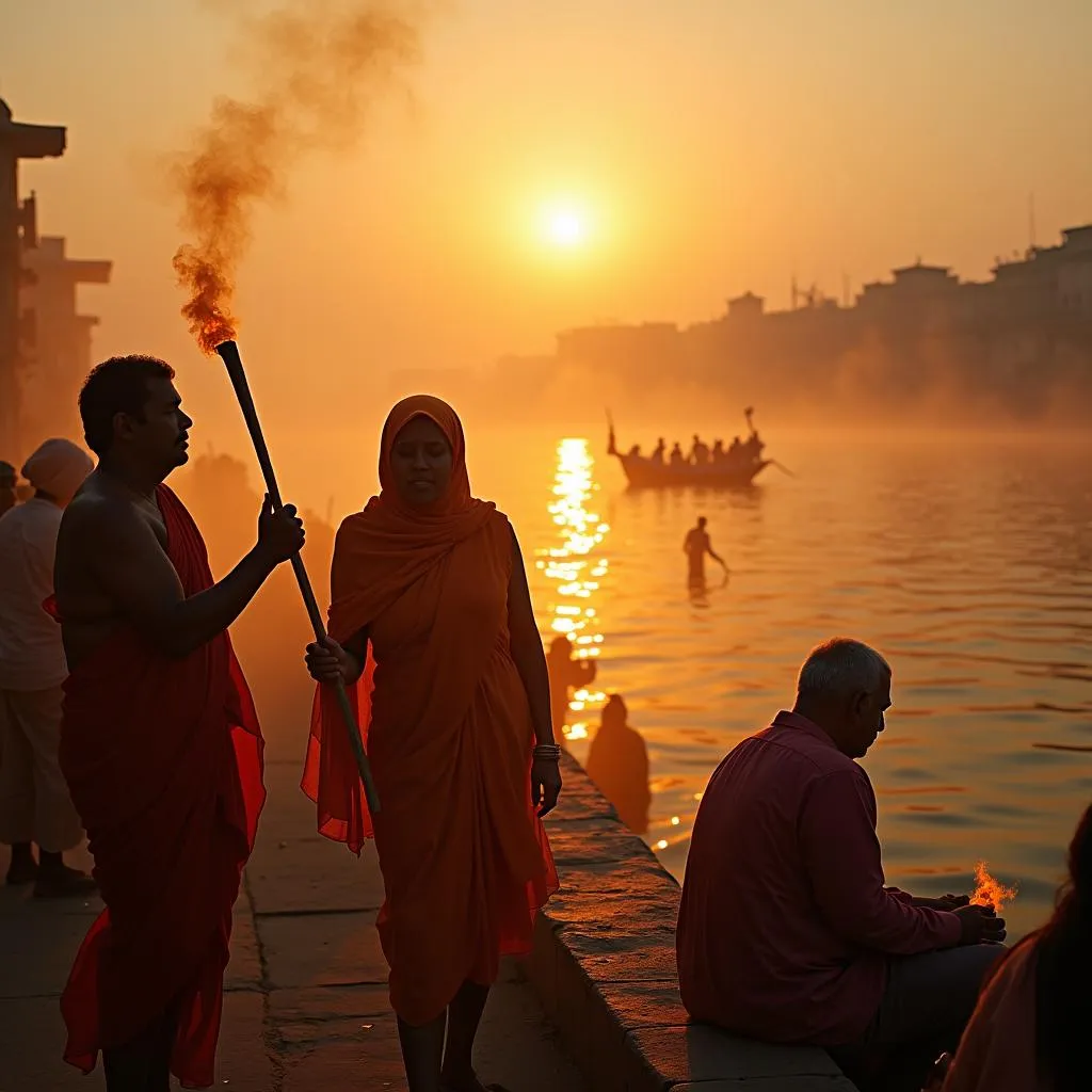 8K Sunrise over Ganges River in Varanasi, India