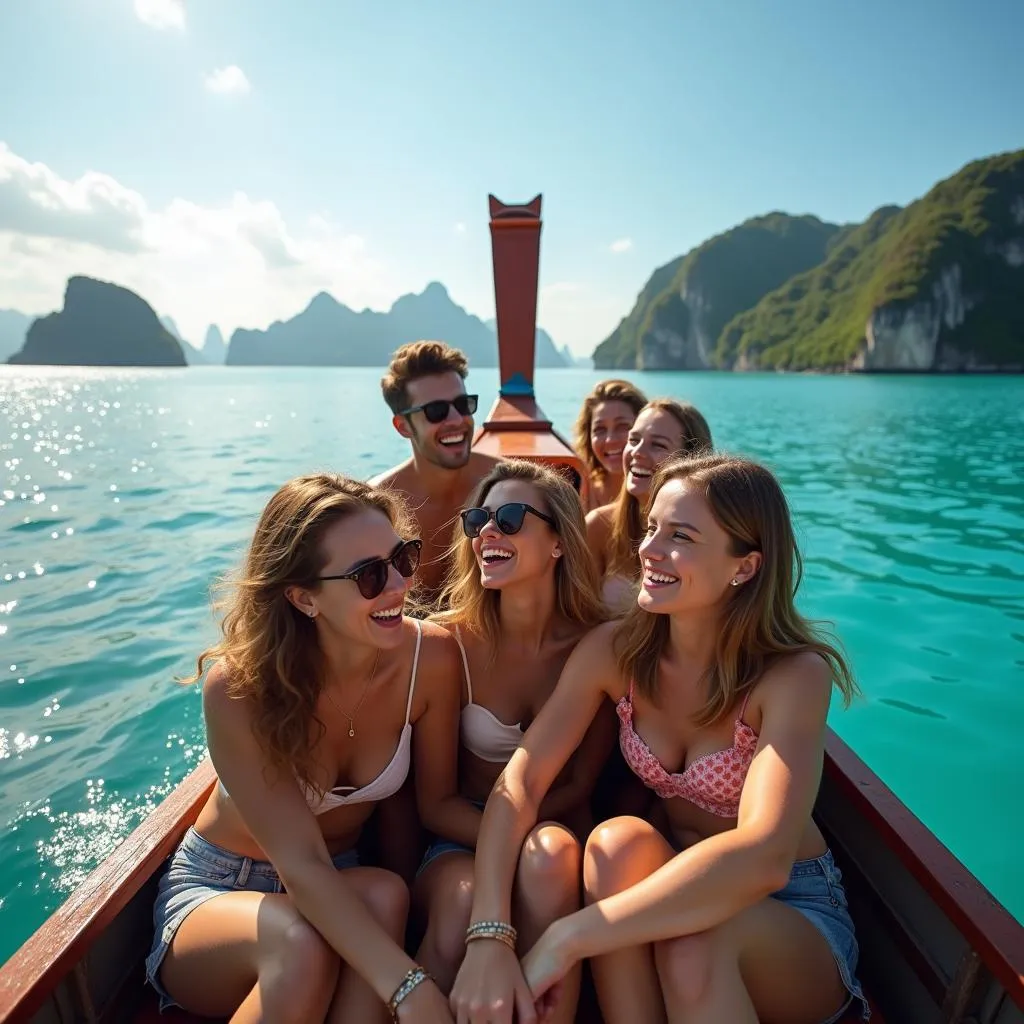 Group of friends on a boat during an island hopping tour in Thailand