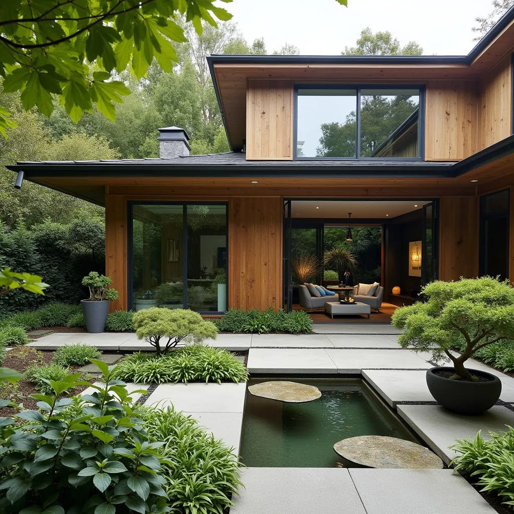 Jaden Smith's home garden, inspired by Japanese Zen principles, featuring a tranquil water feature and carefully curated greenery.