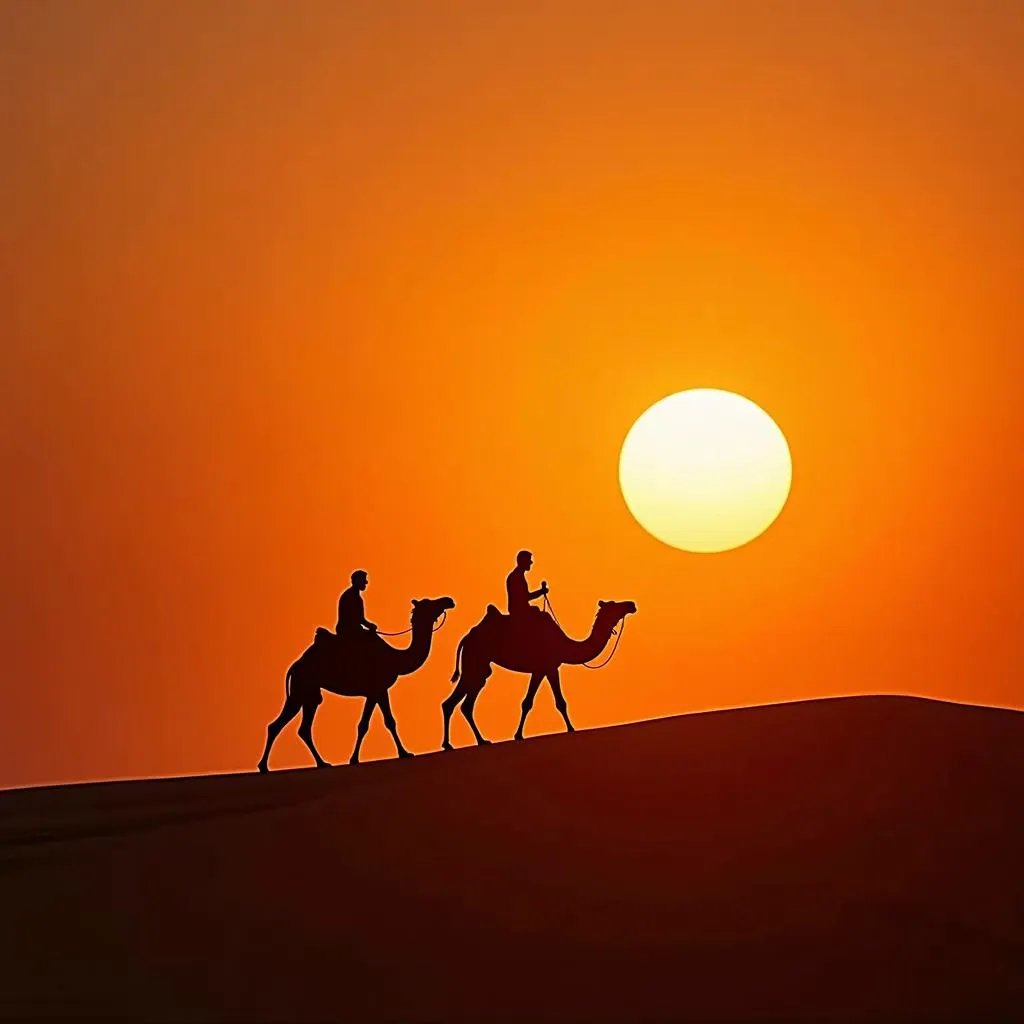 Camel safari against the sunset in Jaisalmer's Sam Sand Dunes