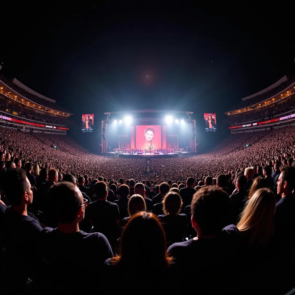 A massive crowd of fans cheering for Janet Jackson during her All For You Tour