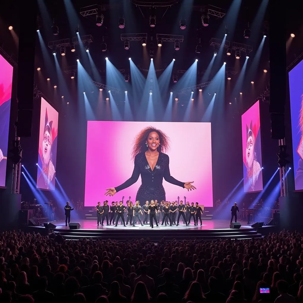 Janet Jackson performing on the elaborate stage during her All For You Tour