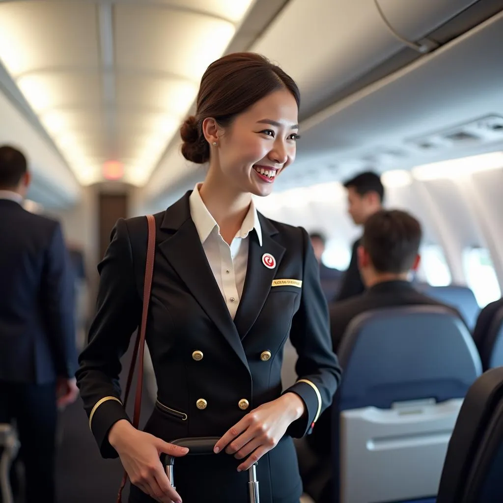 Japan Airlines flight attendant assisting passengers