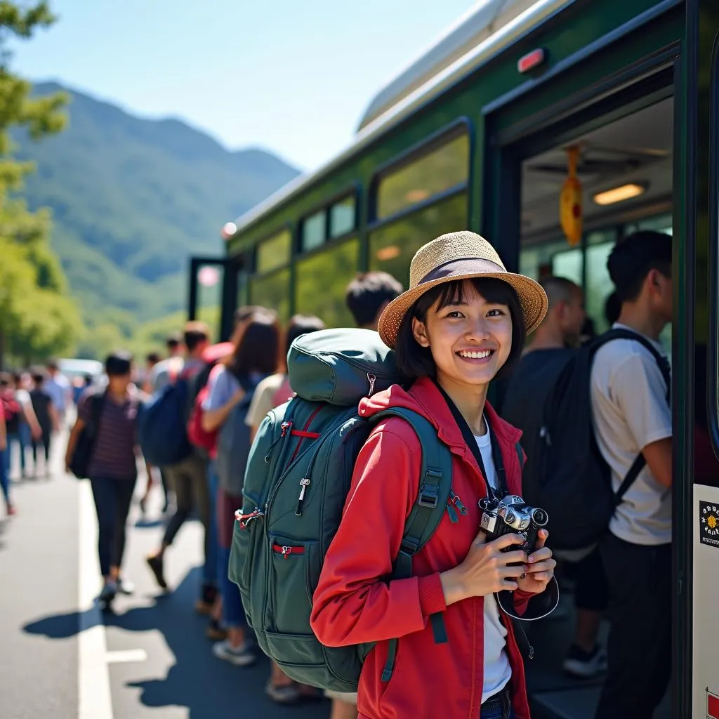 Group of tourists boarding a bus in Japan