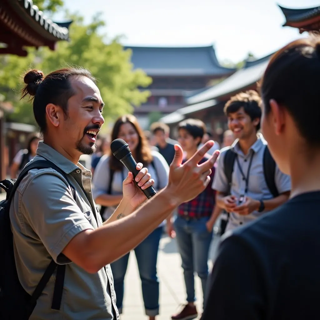 Enthusiastic tour guide explaining Japanese culture