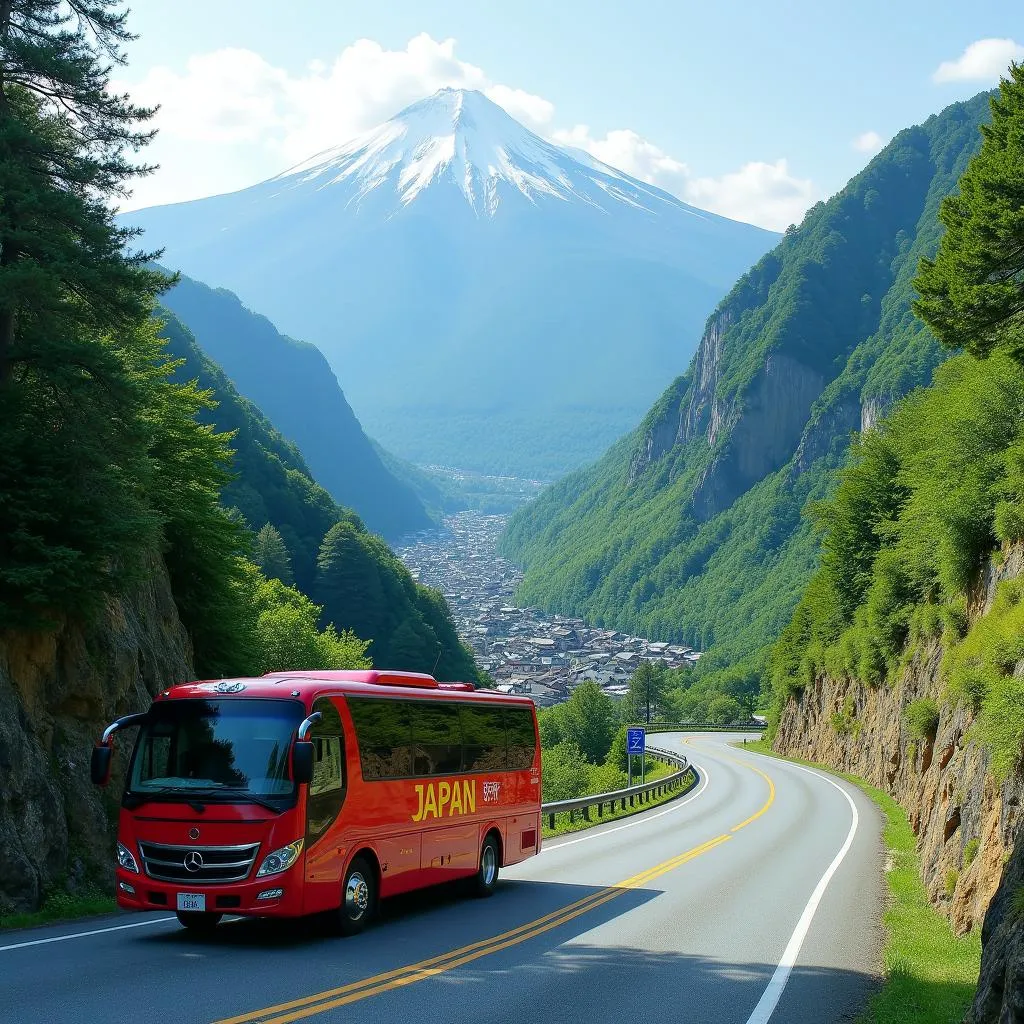 Scenic bus tour through winding mountain roads in Japan