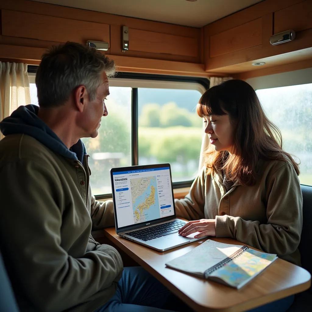 Couple planning their caravan bus trip in Japan