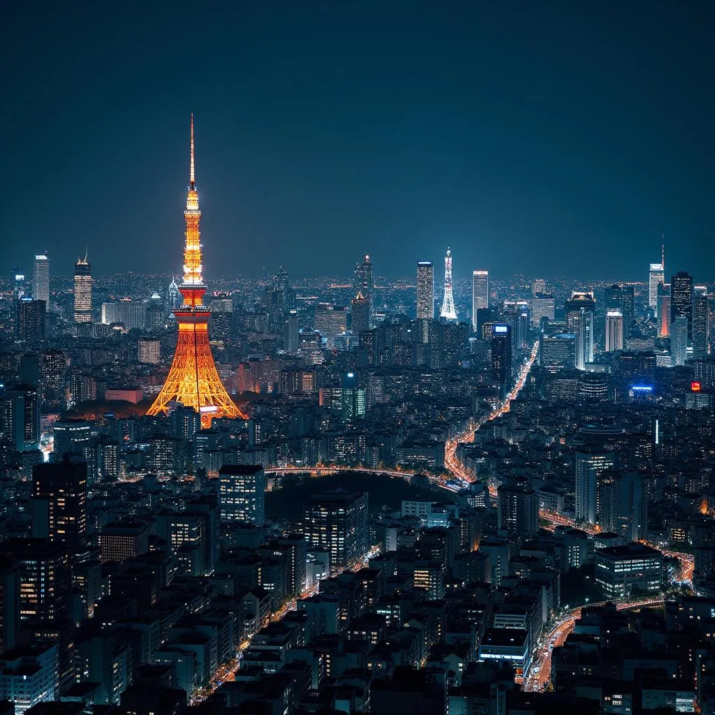 A breathtaking view of Tokyo's iconic skyline at night, showcasing its modern and vibrant energy.