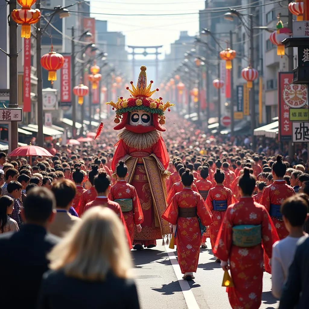 Vibrant Japanese festival parade with traditional costumes and decorations