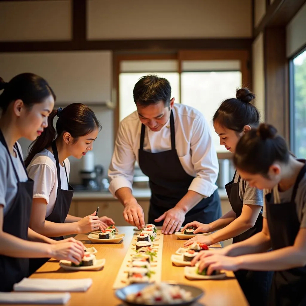 Tourists participating in a sushi-making class in Japan