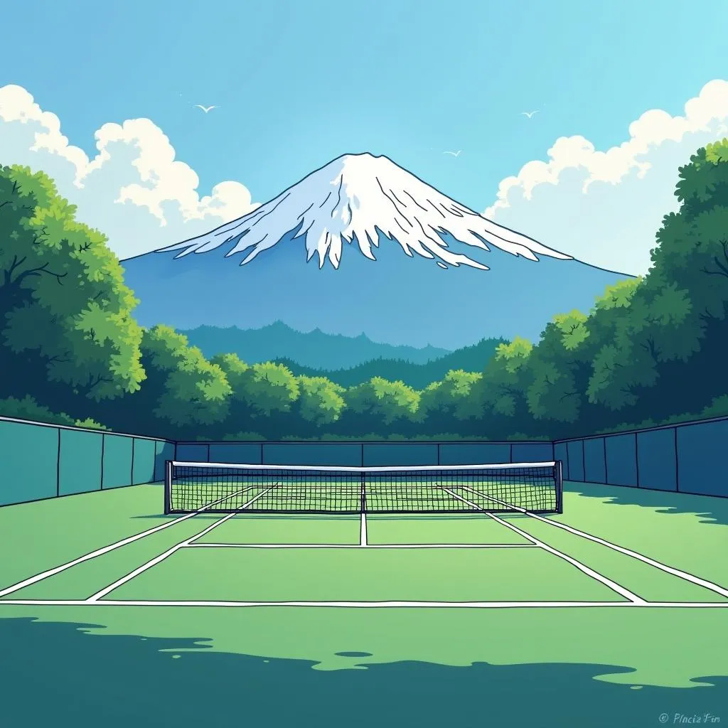 Tennis Court with View of Mount Fuji