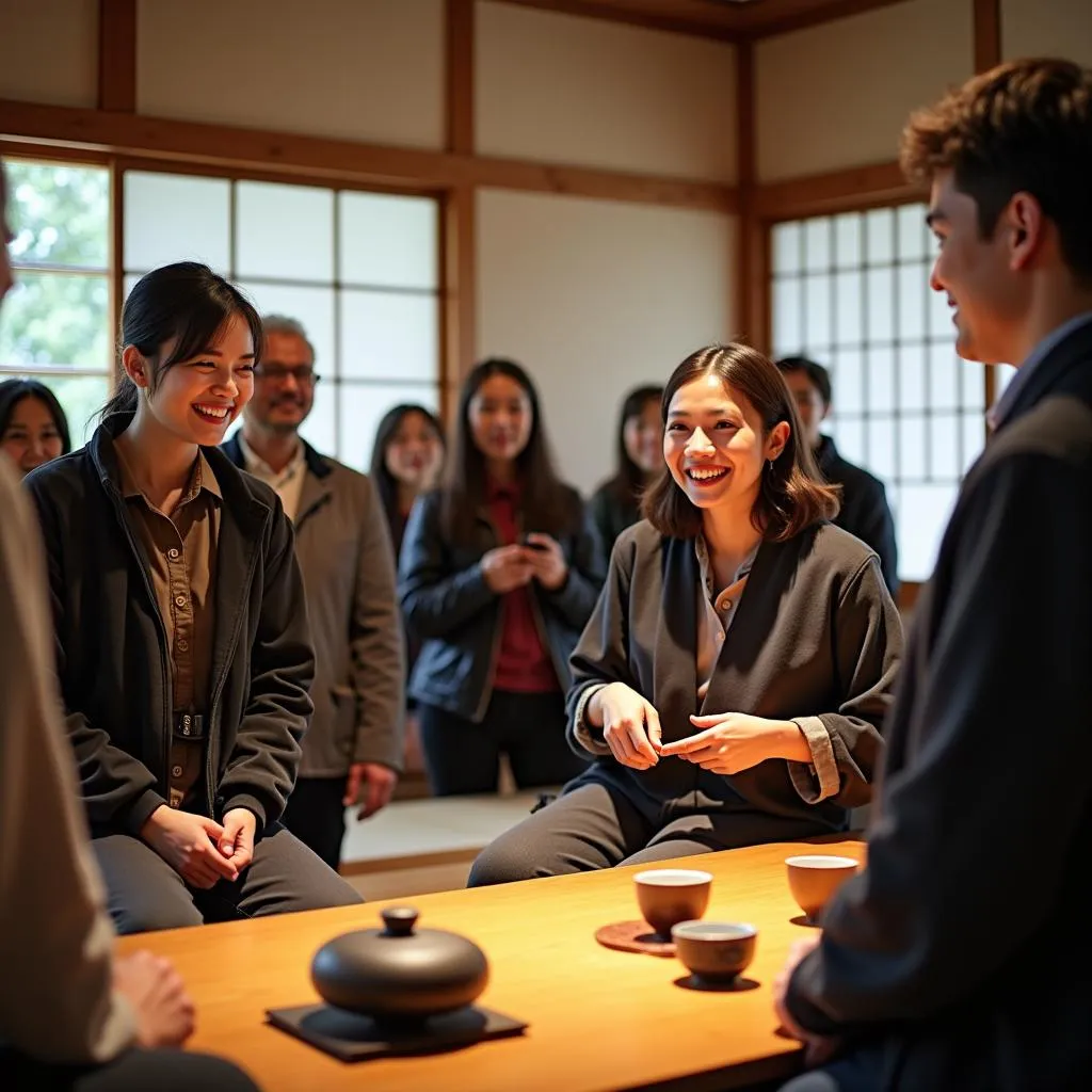 Group of tourists enjoying a traditional tea ceremony in Kyoto with a tour guide.