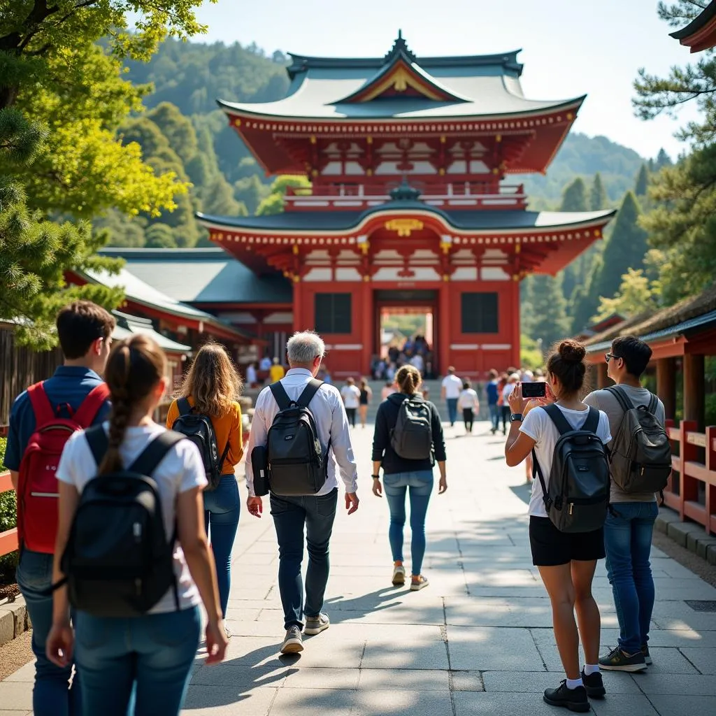 Group of tourists exploring a traditional Japanese temple