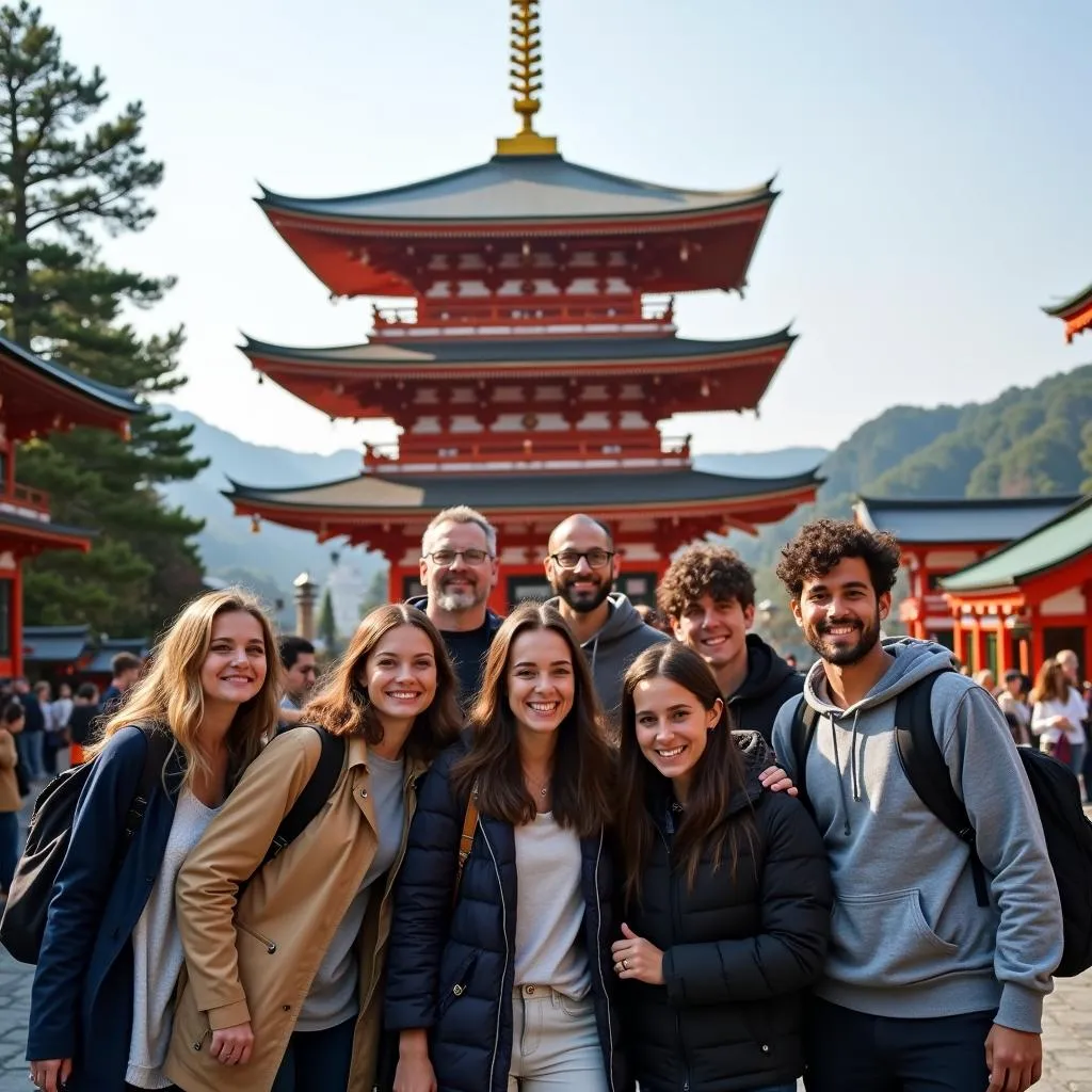 Group of Tourists Visiting a Japanese Temple