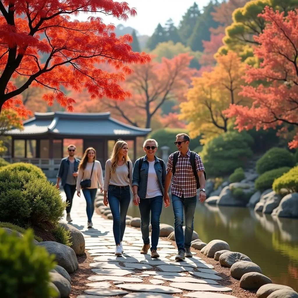 Group of tourists exploring a traditional Japanese garden