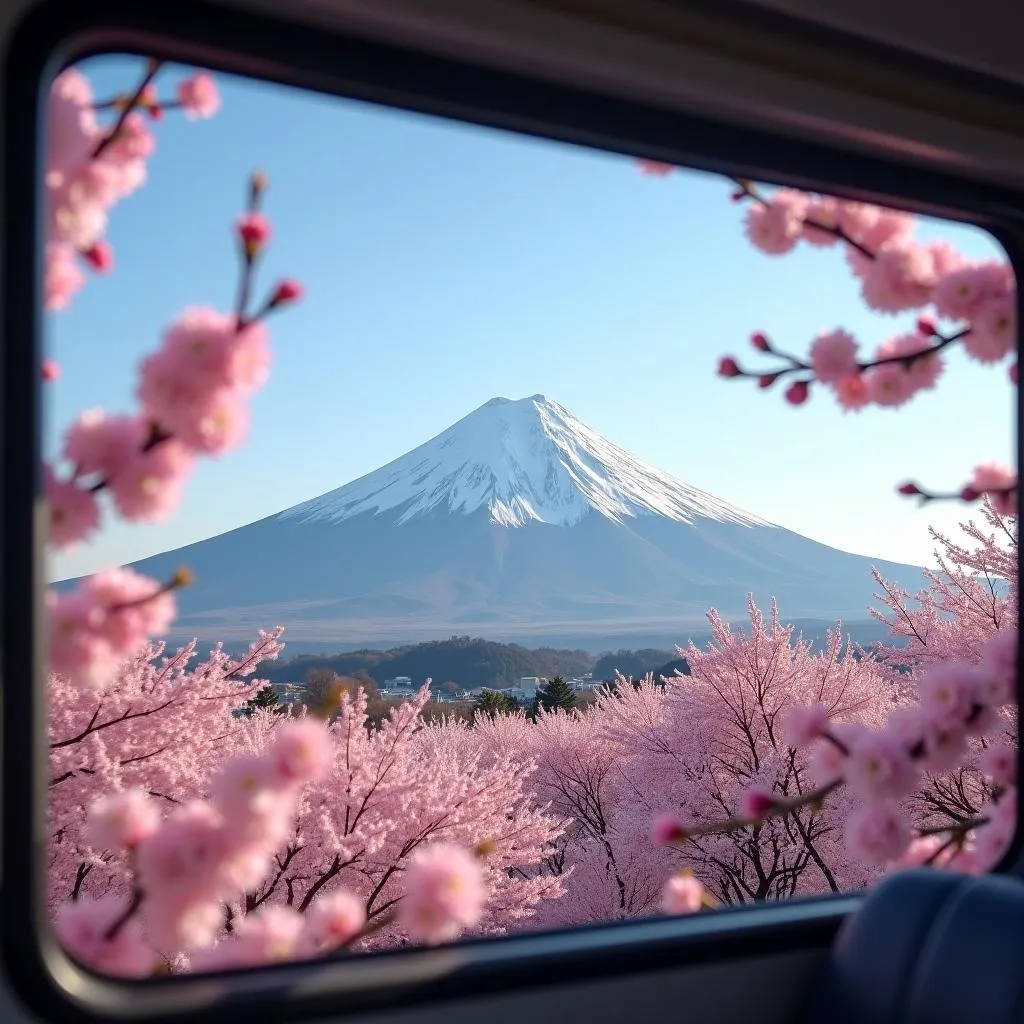 Scenic view of Mount Fuji from a wonder bus window with cherry blossoms in the foreground