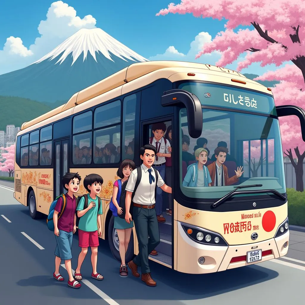 Group of tourists boarding a modern wonder bus in Japan