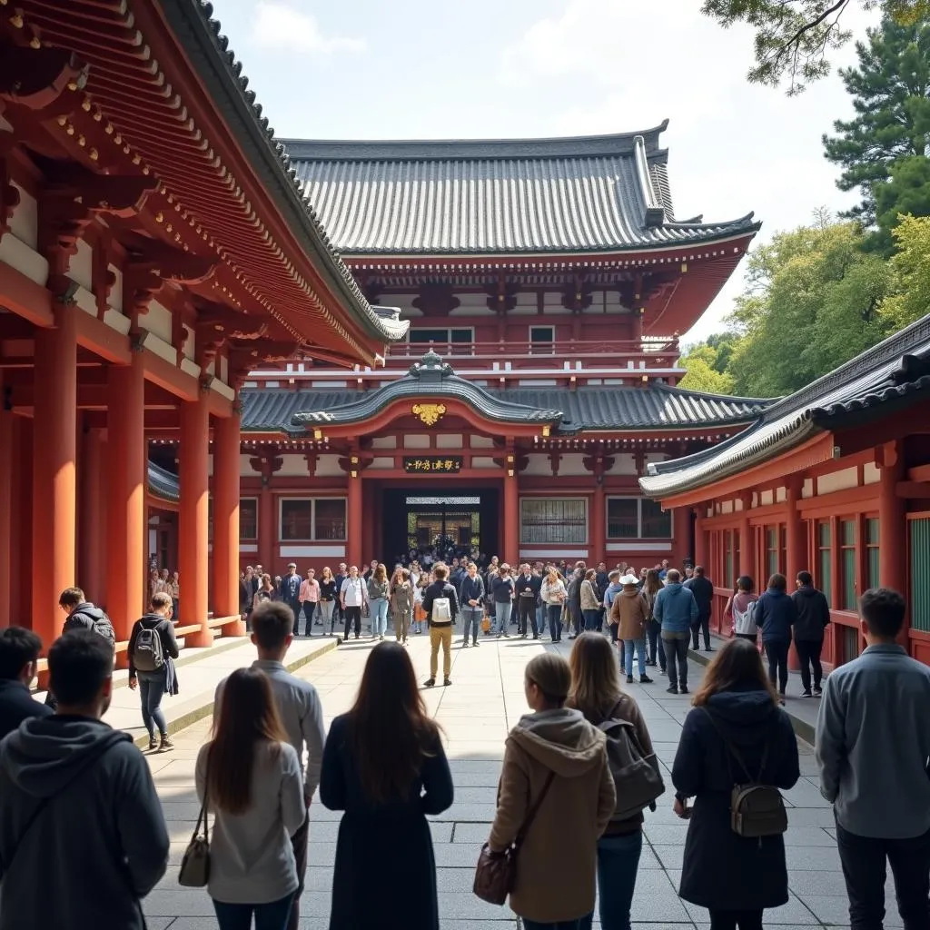 Wonder bus tour group visiting a traditional temple in Kyoto with a guide