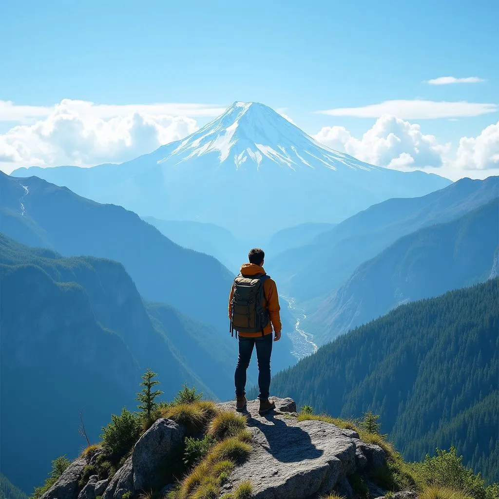 Hiker with backpack enjoying panoramic view of Japanese Alps