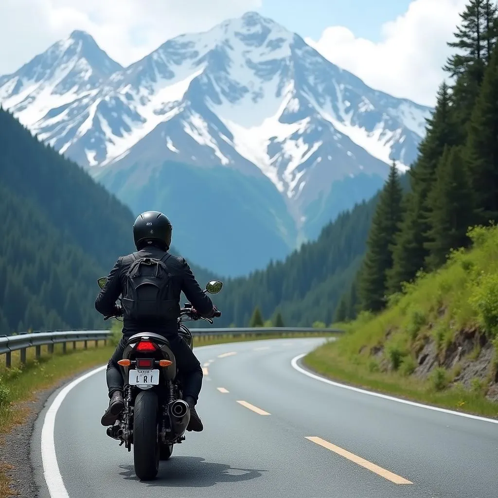 Motorcycle winding through the Japanese Alps