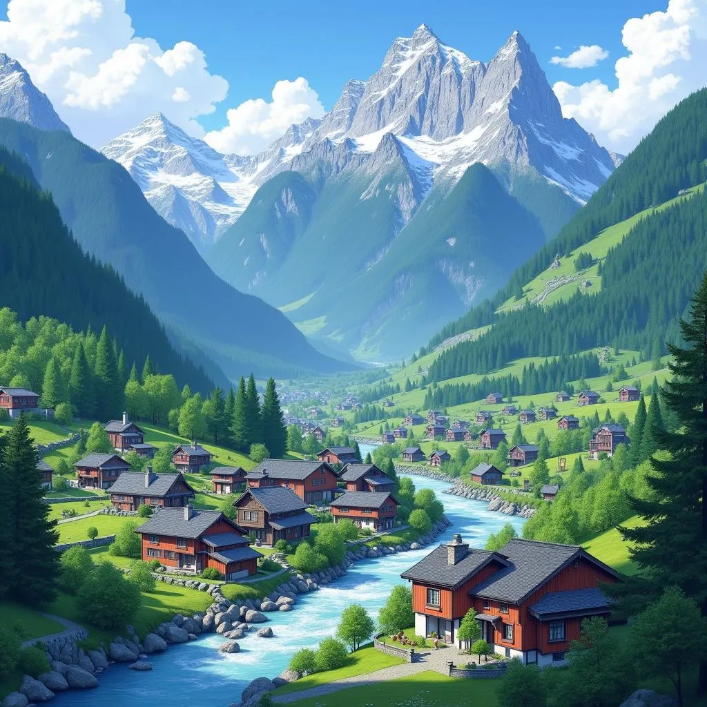 Scenic view of a traditional Japanese village nestled in the Japanese Alps