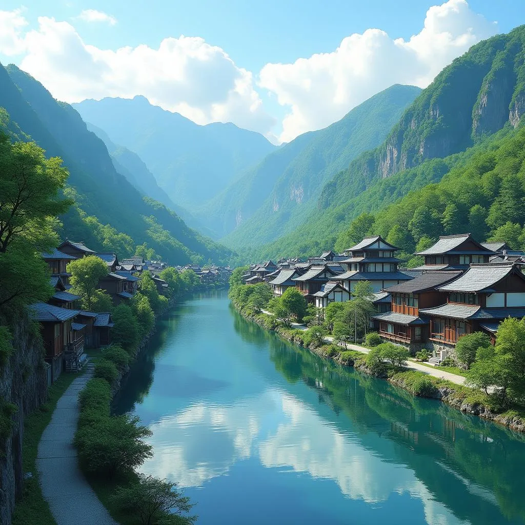 Serene Japanese village nestled alongside a tranquil river