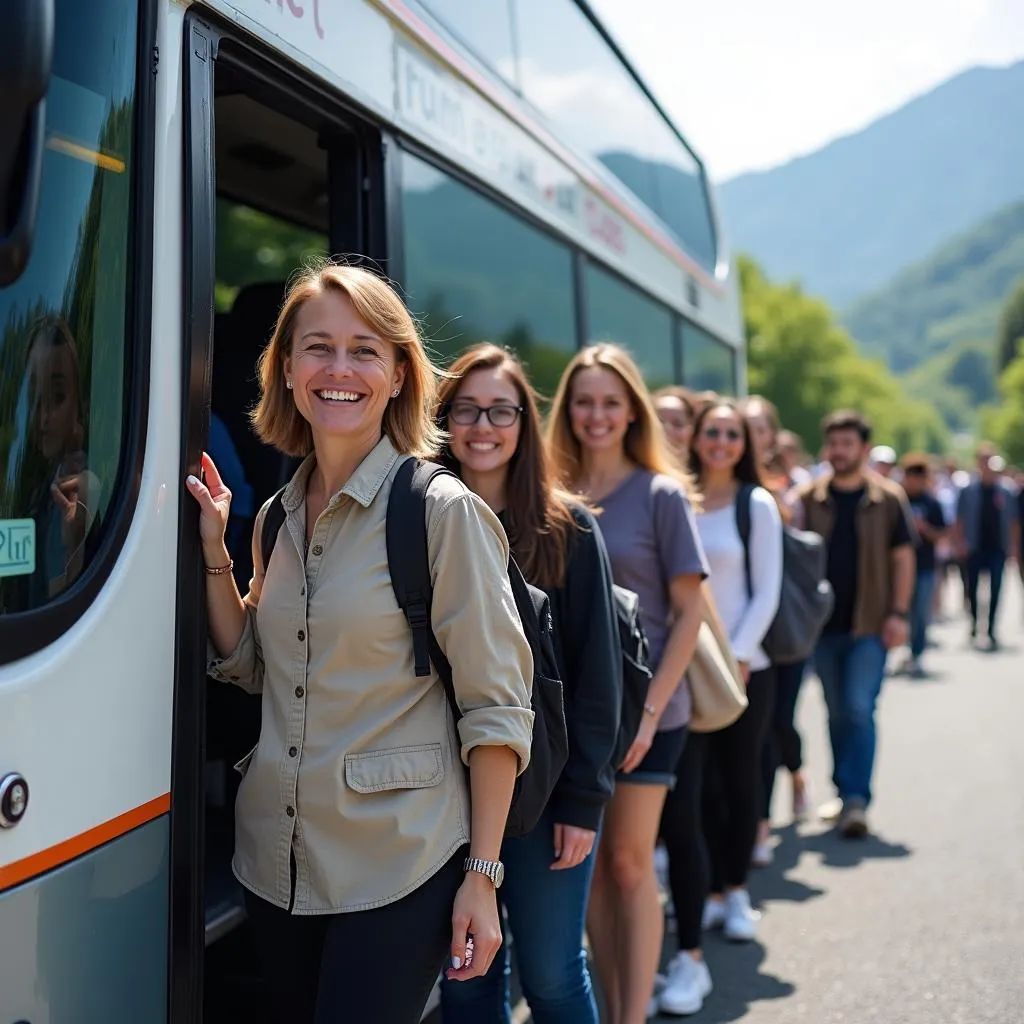 Group of smiling tourists boarding a Japanese bus for a guided tour