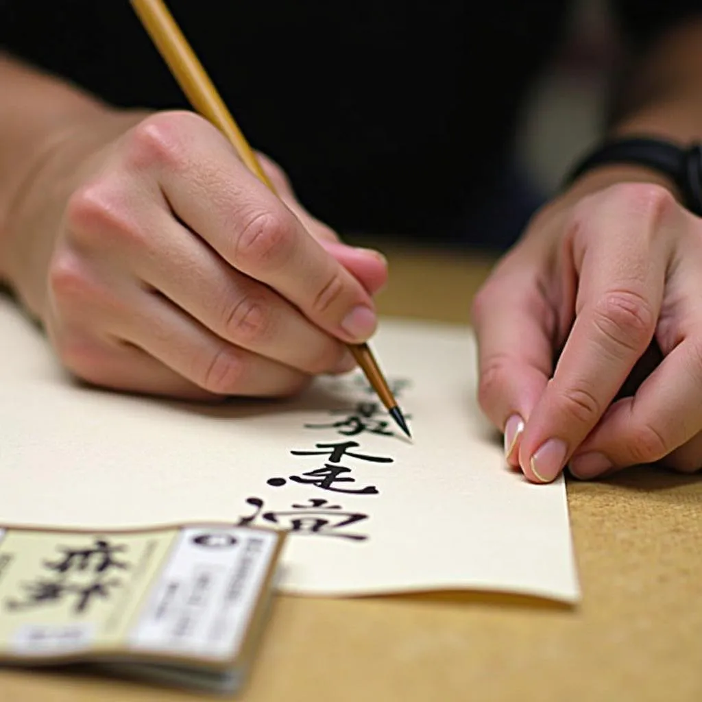 Learning Japanese calligraphy with a John Mayall concert ticket subtly placed in the corner.