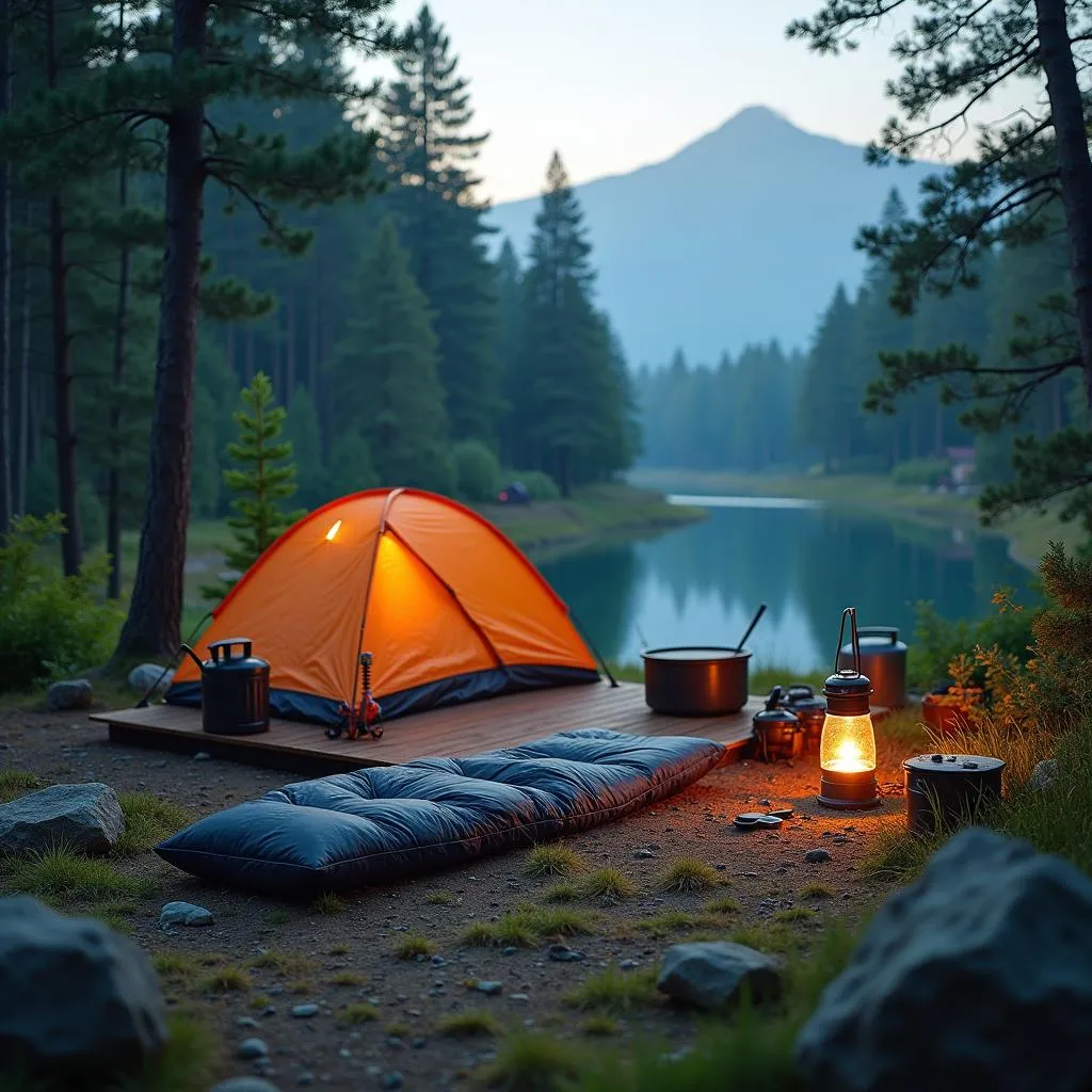 Camping gear set up at a scenic Japanese campsite