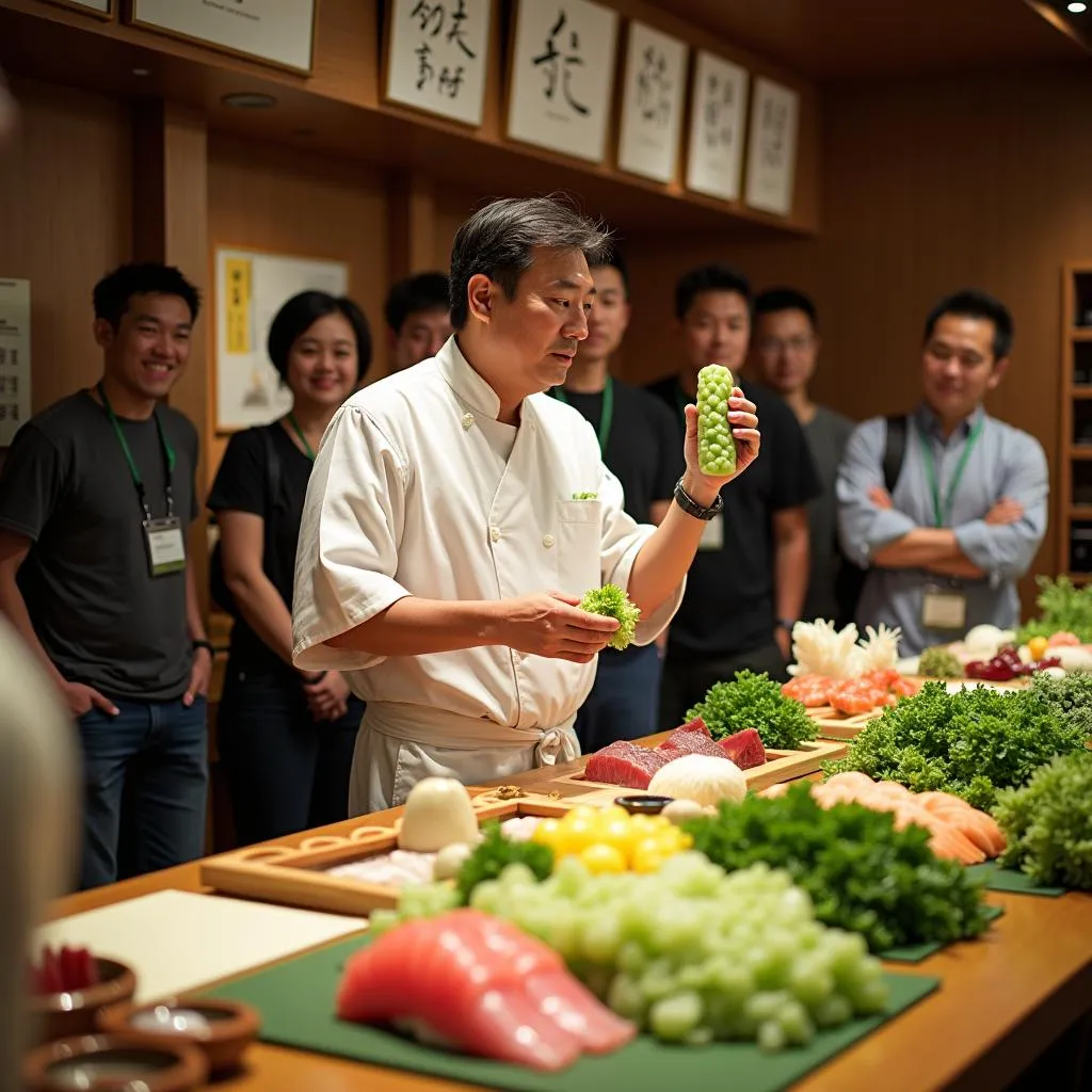 Japanese chef explaining ingredients to tourists