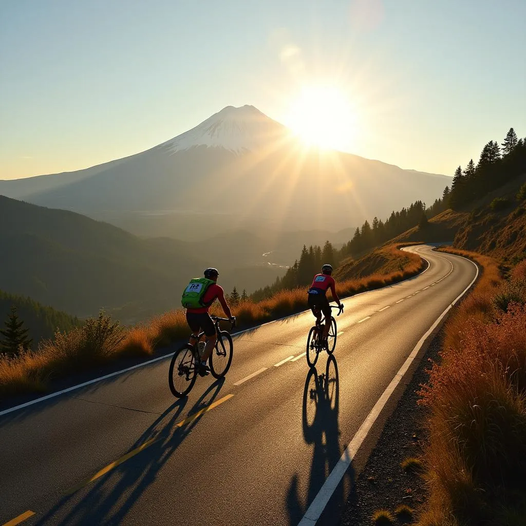 Two cyclists riding through the Japanese countryside with Mount Fuji in the background