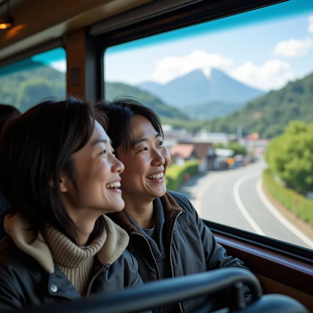 Japanese couple smiling and looking out the window of a tour bus