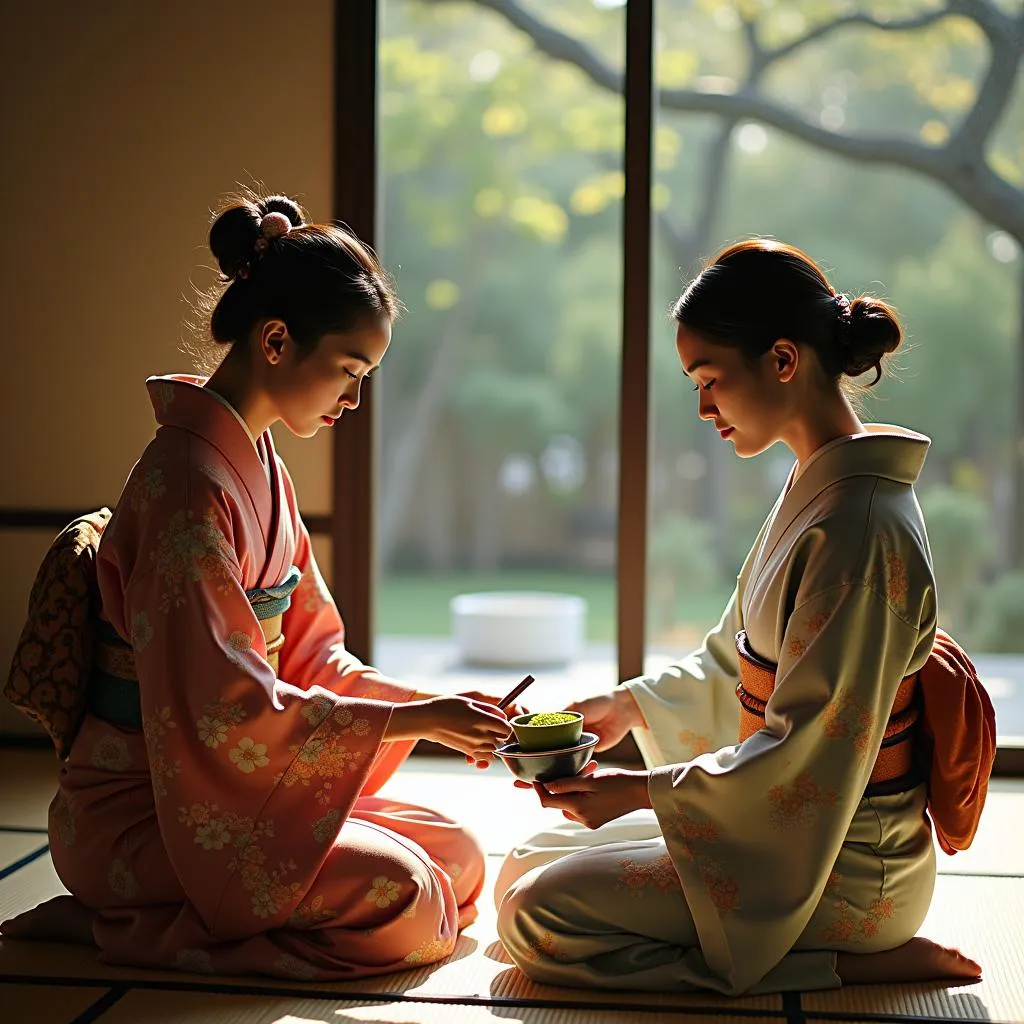 A Japanese couple dressed in traditional kimonos enjoying a traditional tea ceremony