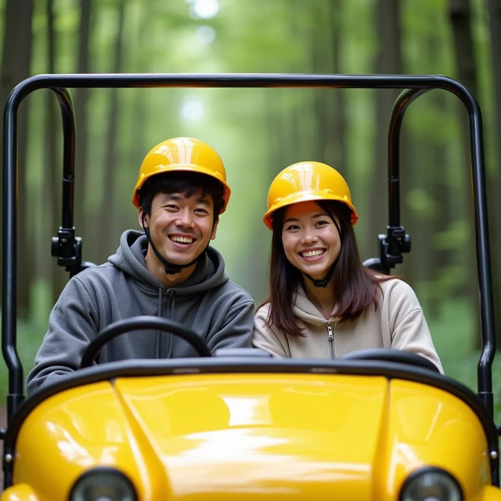 Japanese Couple Smiling in a Tour Buggy in the Forest