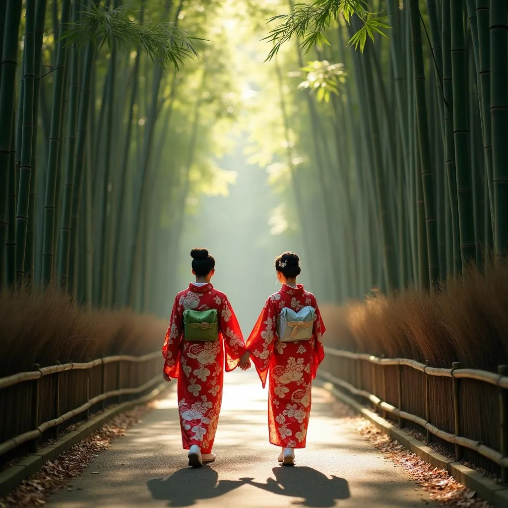 A Japanese couple wearing vibrant kimonos strolls hand-in-hand through a serene bamboo forest in Arashiyama