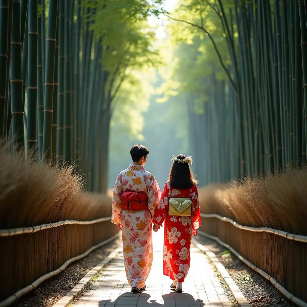 A Japanese couple wearing traditional yukata walking hand-in-hand through a serene bamboo forest in Arashiyama.