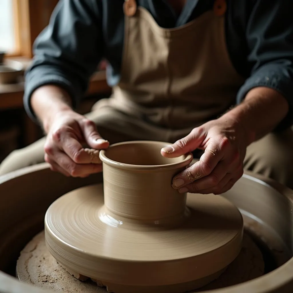 Japanese craftsman meticulously molding clay on a pottery wheel in his workshop