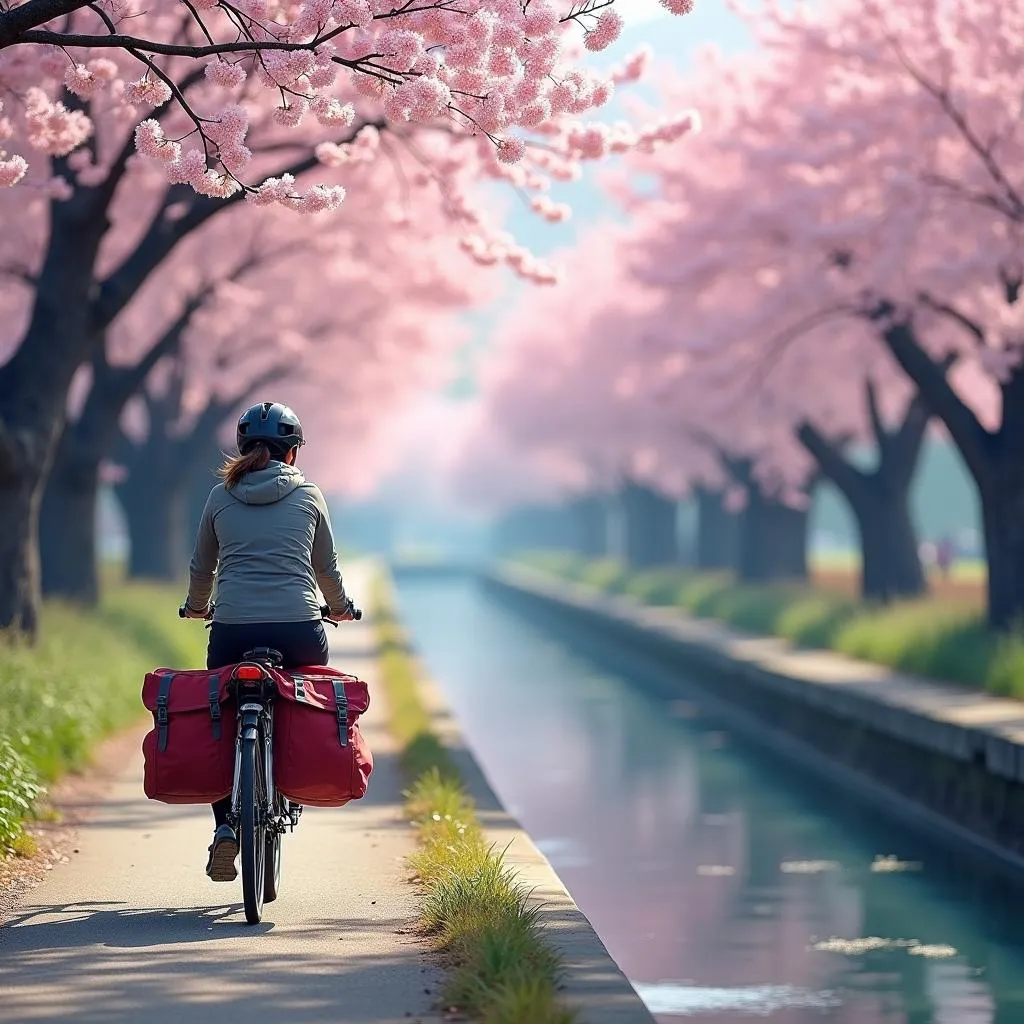 A cyclist with panniers riding along a serene canal in Japan