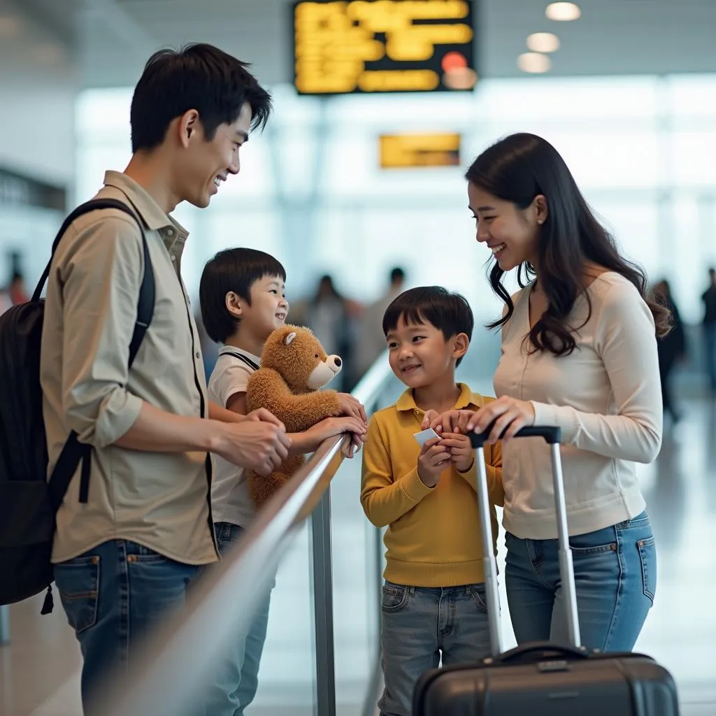 Family checking in for their flight to Japan at the airport.