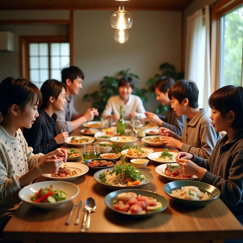 A Japanese family shares a home-cooked meal in their farmhouse