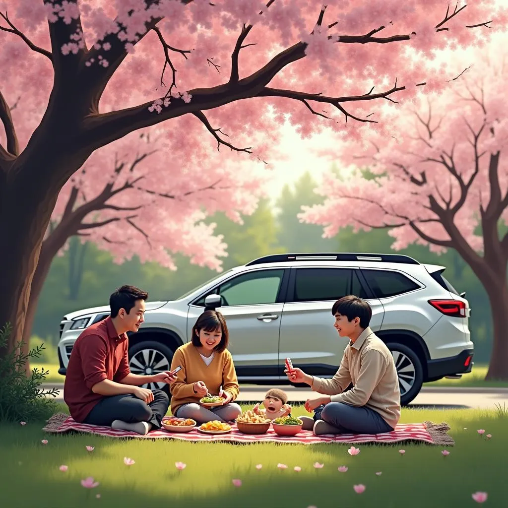 A Japanese family enjoys a picnic under cherry blossom trees with their Subaru Ascent Touring