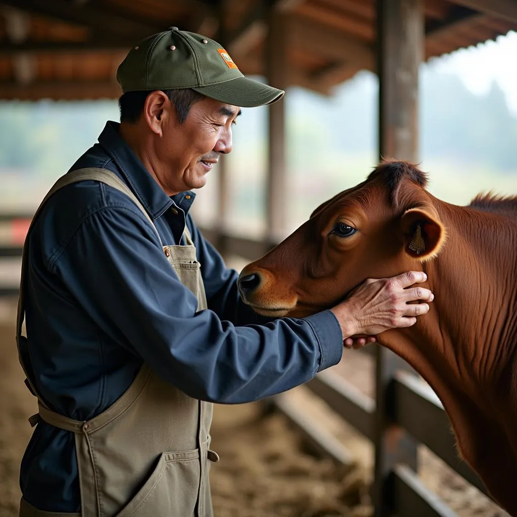 A Japanese farmer showcasing his dedication to animal welfare