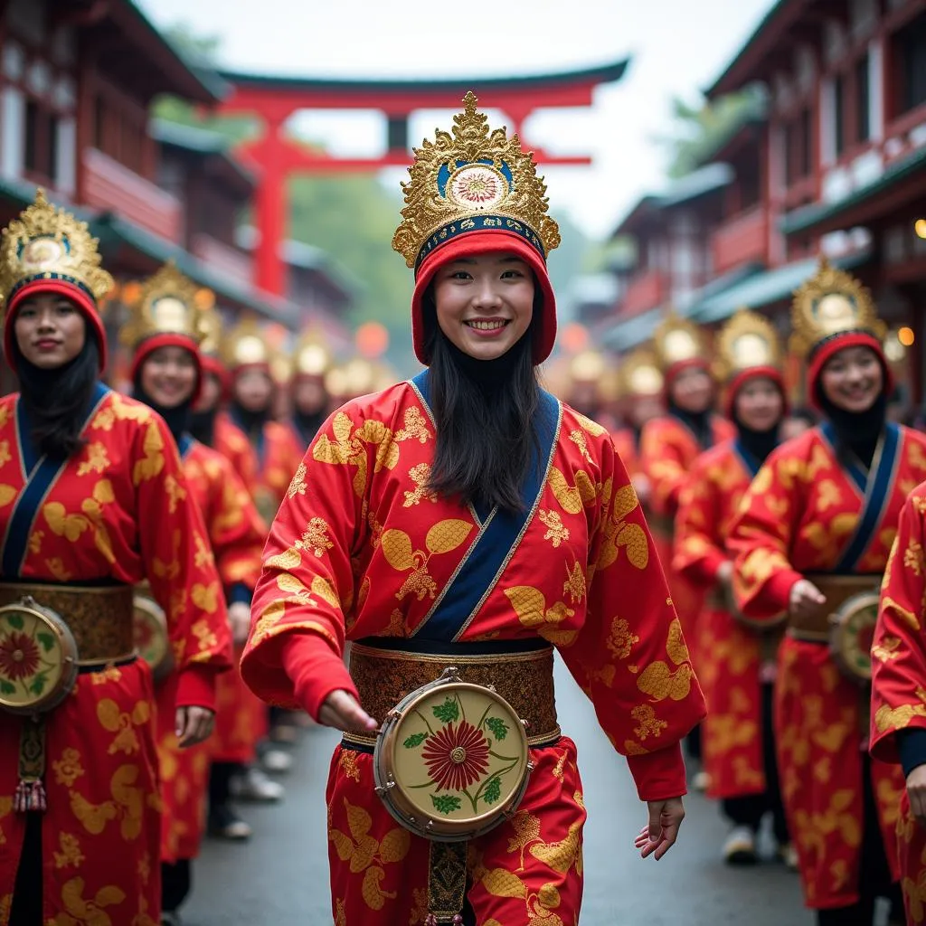 Colorful Japanese Festival Parade with Traditional Costumes and Floats