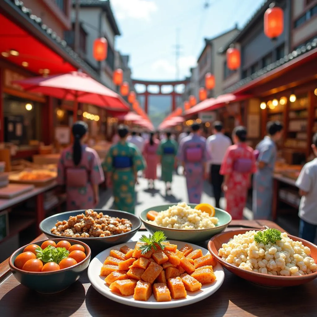 Lively Japanese festival with people enjoying street food